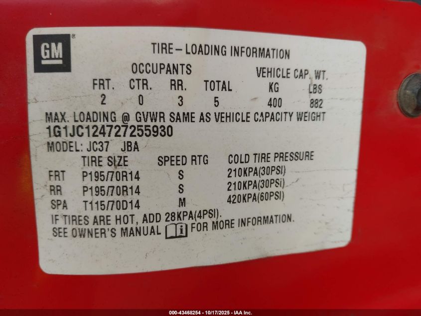 2002 Chevrolet Cavalier VIN: 1G1JC124727255930 Lot: 43468254