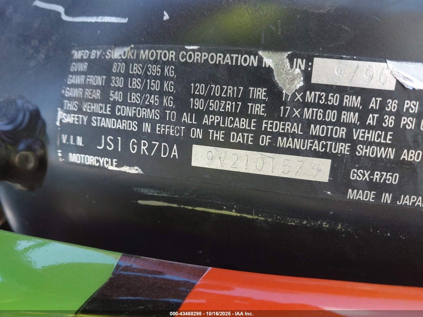 1997 Suzuki Gsx-R750 VIN: JS1GR7DA9V2101575 Lot: 43468298