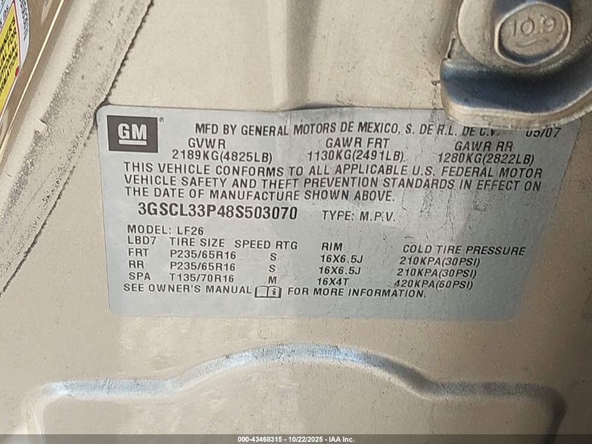 2008 Saturn Vue 4-Cyl Xe VIN: 3GSCL33P48S503070 Lot: 43468315