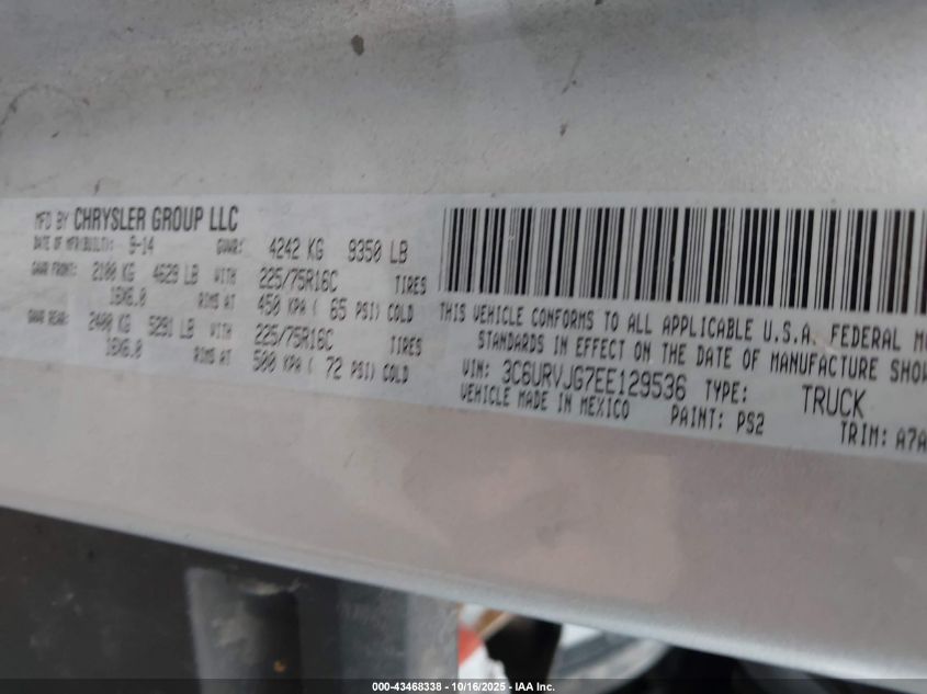 2014 Ram Promaster 3500 High Roof VIN: 3C6URVJG7EE129536 Lot: 43468338