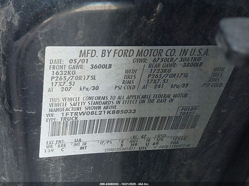 2001 Ford F-150 King Ranch Edition/Lariat/Xlt VIN: 1FTRW08L21KB85033 Lot: 43468382