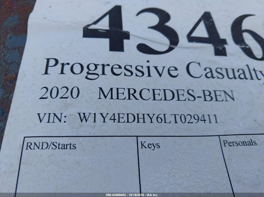 2020 Mercedes-Benz Sprinter 2500 High Roof V6 VIN: W1Y4EDHY6LT029411 Lot: 43468402