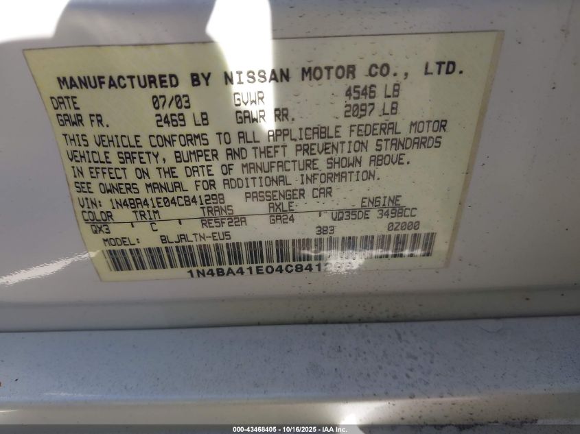 2004 Nissan Maxima 3.5 Se VIN: 1N4BA41E04C841298 Lot: 43468405