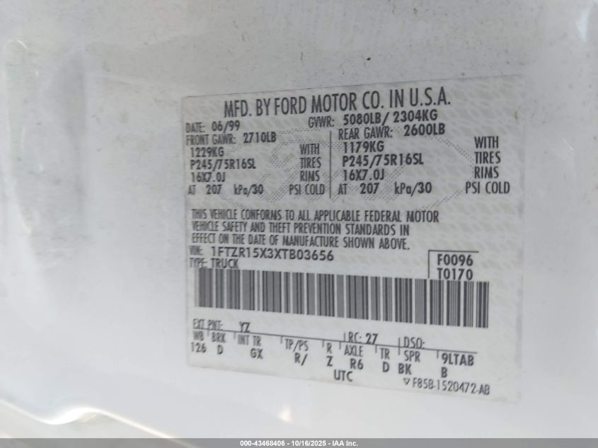 1999 Ford Ranger Xlt VIN: 1FTZR15X3XTB03656 Lot: 43468406