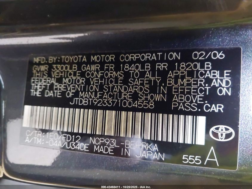 2007 Toyota Yaris VIN: JTDBT923371004558 Lot: 43468411