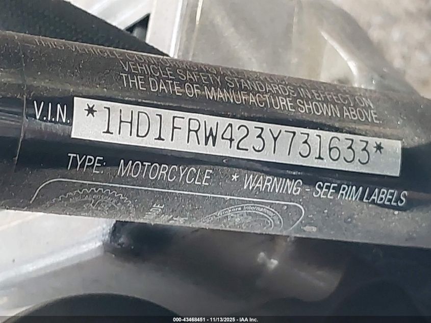 2003 Harley-Davidson Flhrci Anniversary VIN: 1HD1FRW423Y731633 Lot: 43468451