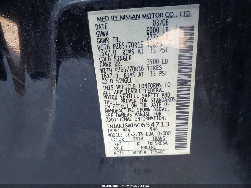 2006 Nissan Pathfinder Se VIN: 5N1AR18W16C654713 Lot: 43468467