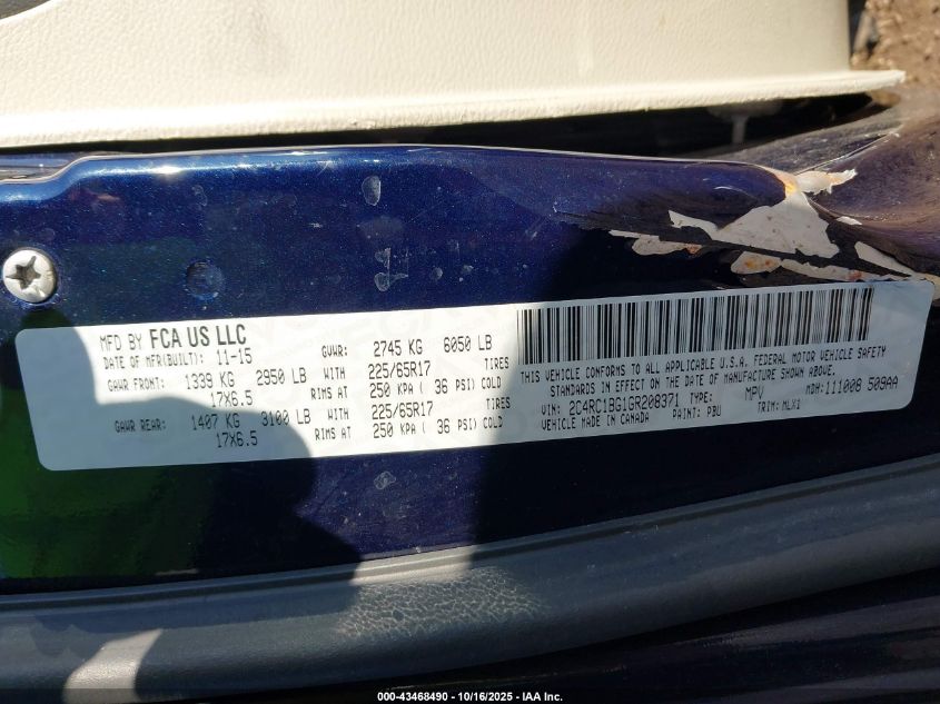 2016 Chrysler Town & Country Touring VIN: 2C4RC1BG1GR208371 Lot: 43468490