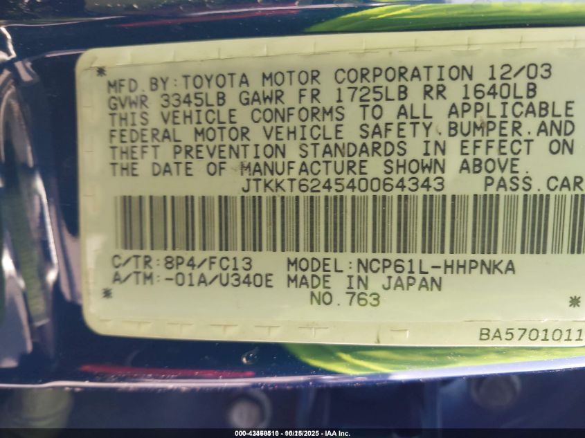 2004 Scion Xa VIN: JTKKT624540064343 Lot: 43468510