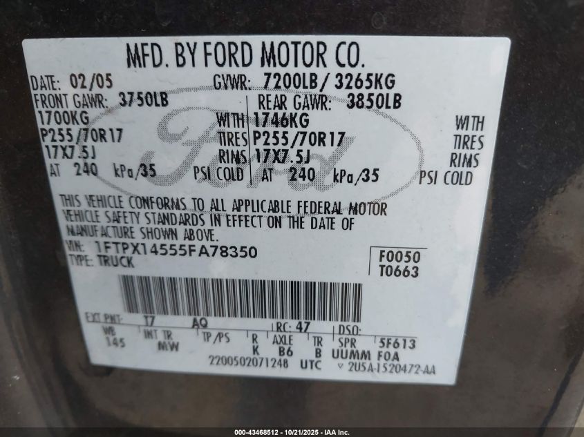 2005 Ford F-150 Fx4/Lariat/Xl/Xlt VIN: 1FTPX14555FA78350 Lot: 43468512
