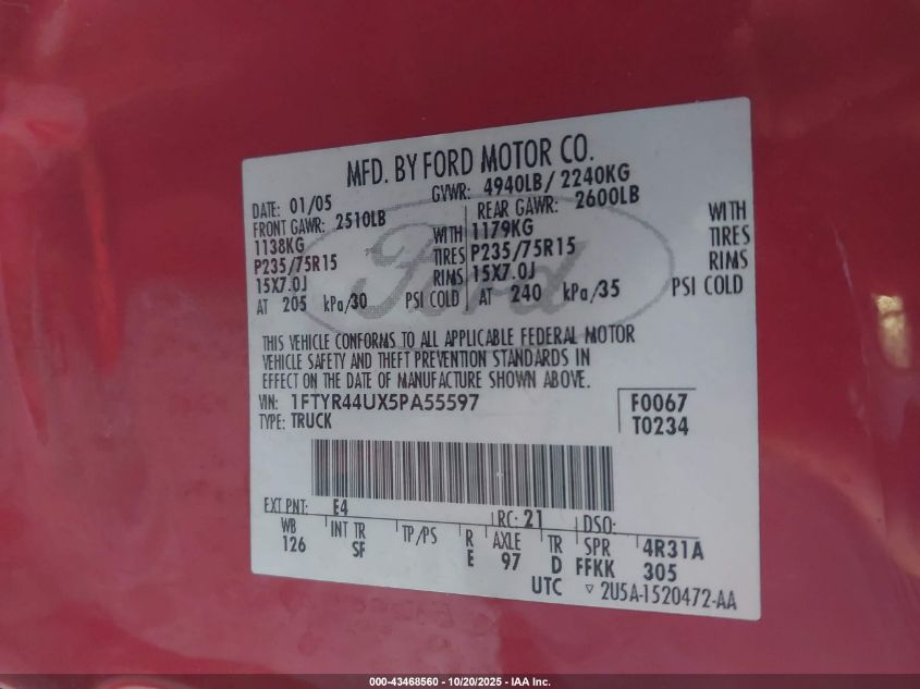 2005 Ford Ranger Edge/Stx/Xlt VIN: 1FTYR44UX5PA55597 Lot: 43468560