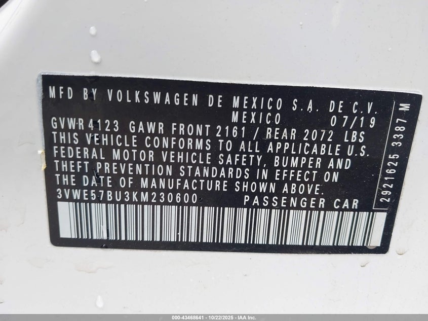 3VWE57BU3KM230600 2019 VOLKSWAGEN JETTA photo no. 9