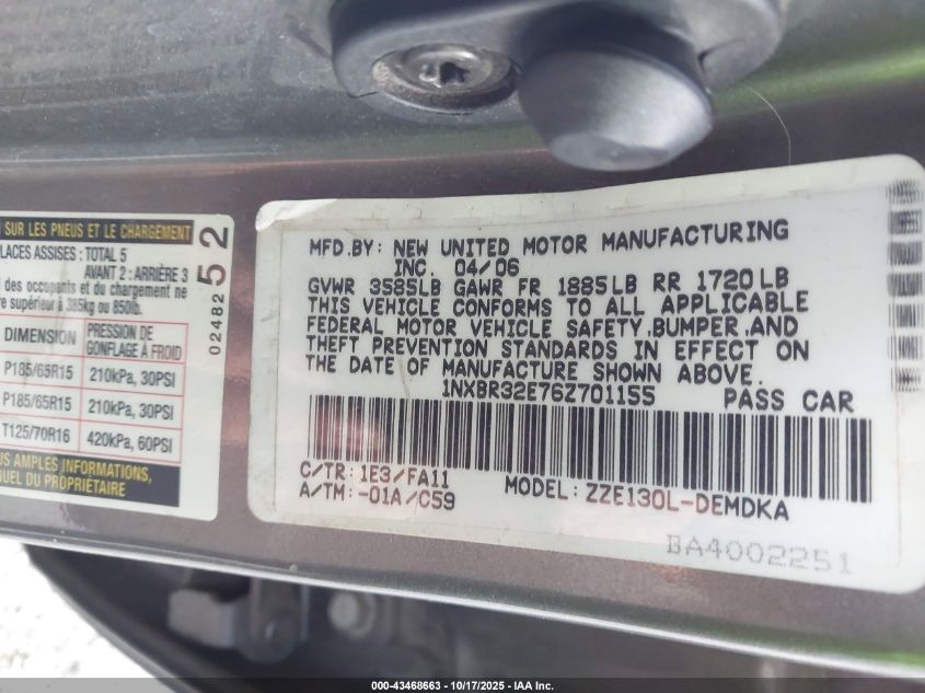 2006 Toyota Corolla Ce VIN: 1NXBR32E76Z701155 Lot: 43468663