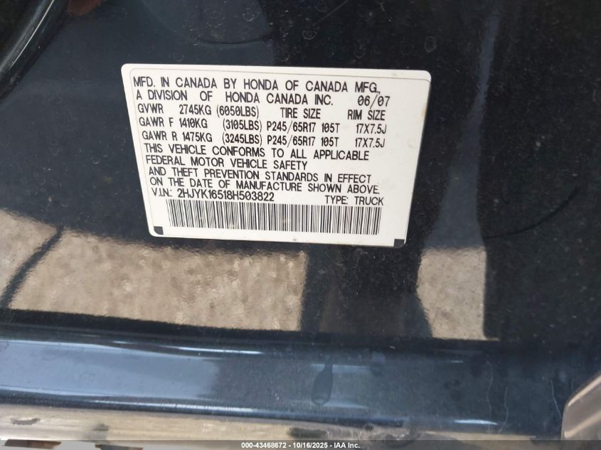 2008 Honda Ridgeline Rtl VIN: 2HJYK16518H503822 Lot: 43468672