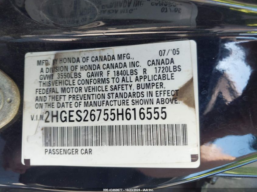 2005 Honda Civic Ex VIN: 2HGES26755H616555 Lot: 43468677