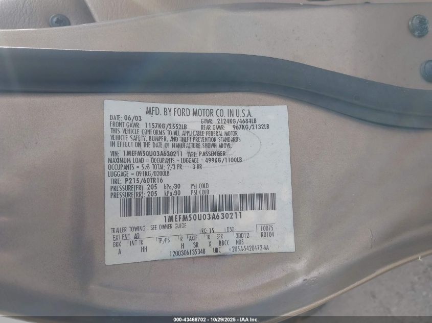 2003 Mercury Sable Gs VIN: 1MEFM50U03A630211 Lot: 43468702