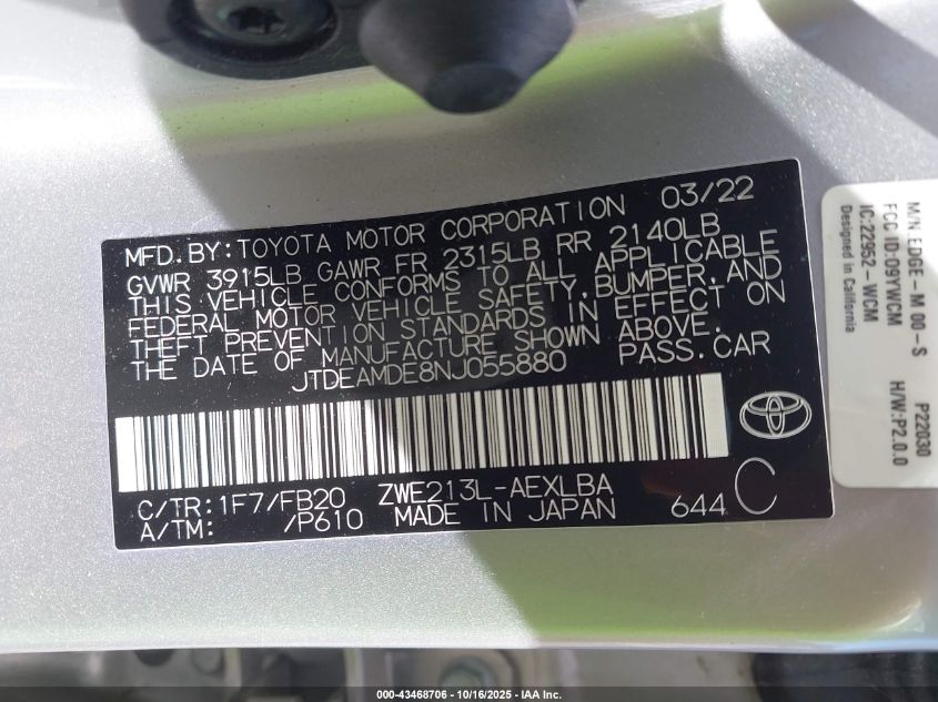 2022 Toyota Corolla Hybrid Le VIN: JTDEAMDE8NJ055880 Lot: 43468706