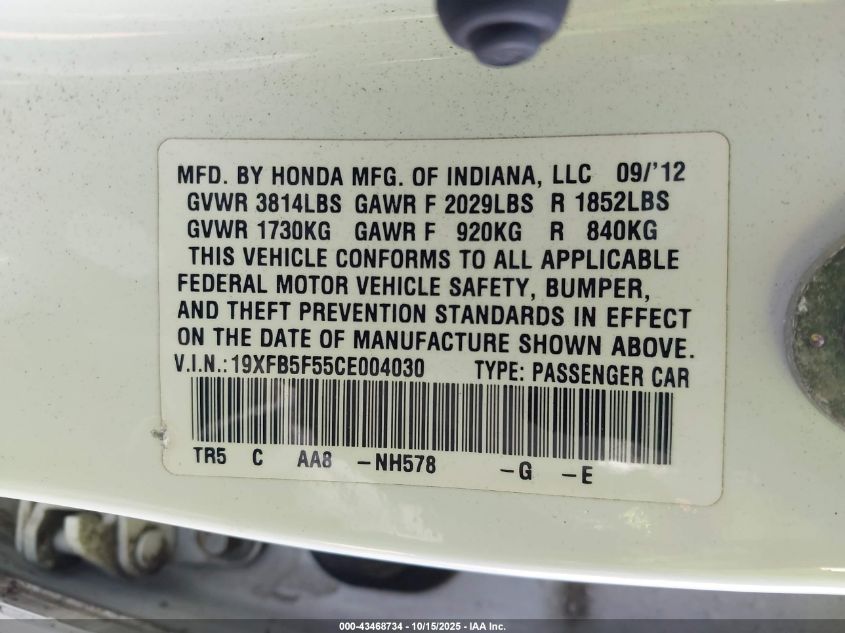 2012 Honda Civic Natural Gas VIN: 19XFB5F55CE004030 Lot: 43468734