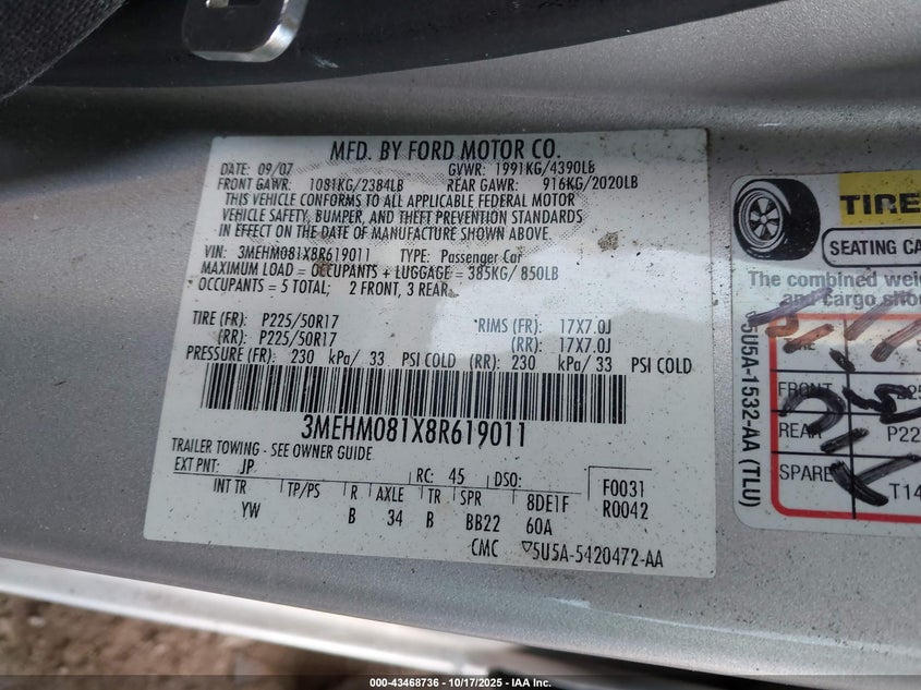 3MEHM081X8R619011 2008 MERCURY MILAN photo no. 9