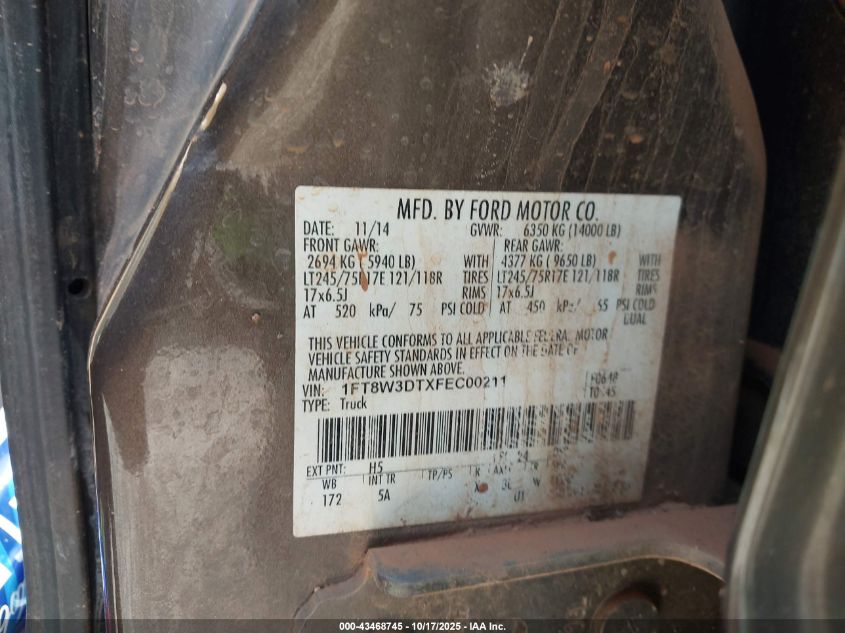 2015 Ford F-350 Lariat VIN: 1FT8W3DTXFEC00211 Lot: 43468745