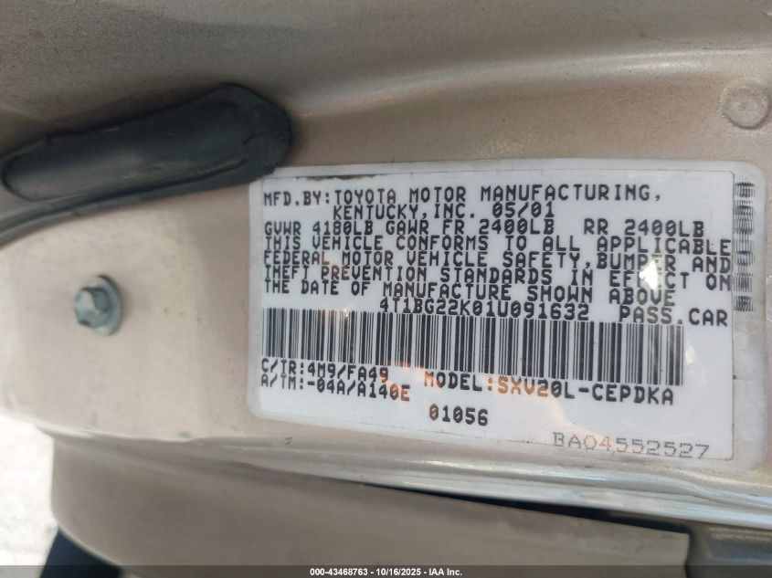 2001 Toyota Camry Ce VIN: 4T1BG22K01U091632 Lot: 43468763