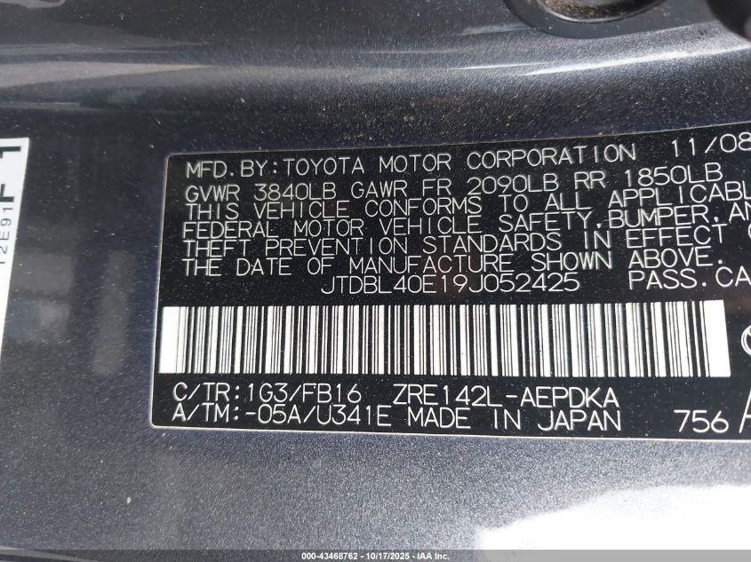 2009 Toyota Corolla Le VIN: JTDBL40E19J052425 Lot: 43468762