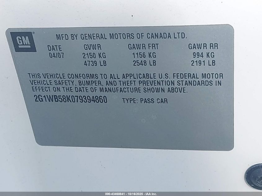 2007 Chevrolet Impala Ls VIN: 2G1WB58K079394860 Lot: 43468841