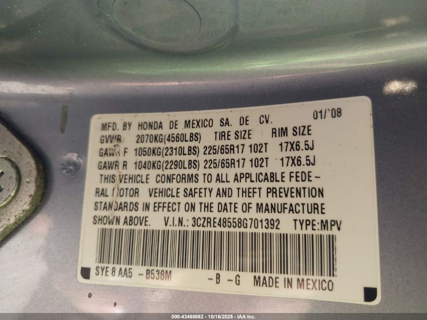 2008 Honda Cr-V Ex VIN: 3CZRE48558G701392 Lot: 43468862