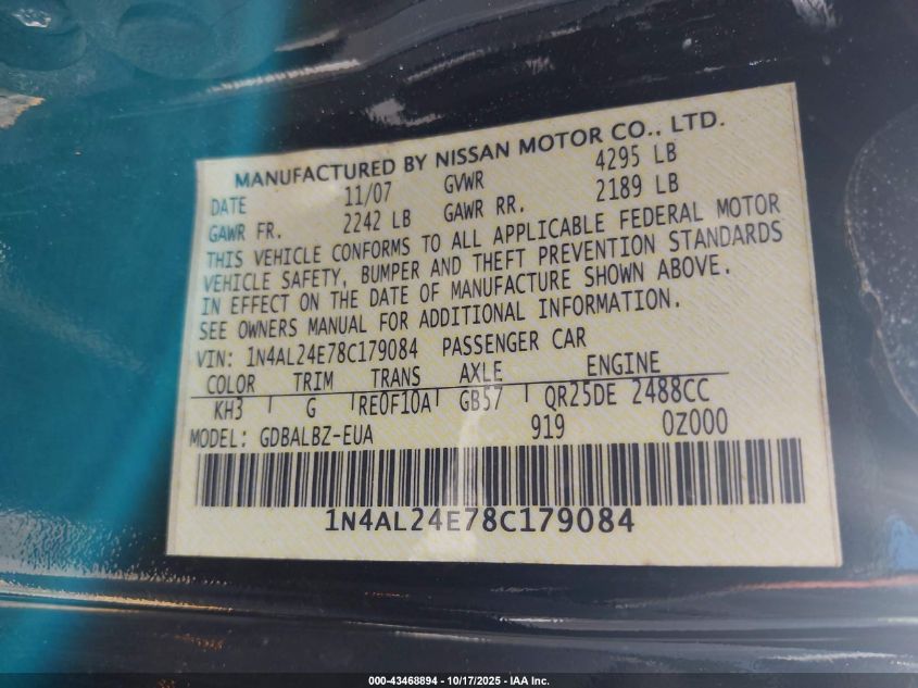 2008 Nissan Altima 2.5 S VIN: 1N4AL24E78C179084 Lot: 43468894