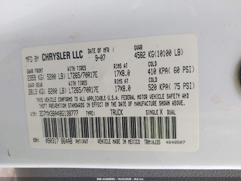 2008 Dodge Ram 3500 Slt VIN: 3D7MX38A48G138777 Lot: 43468950