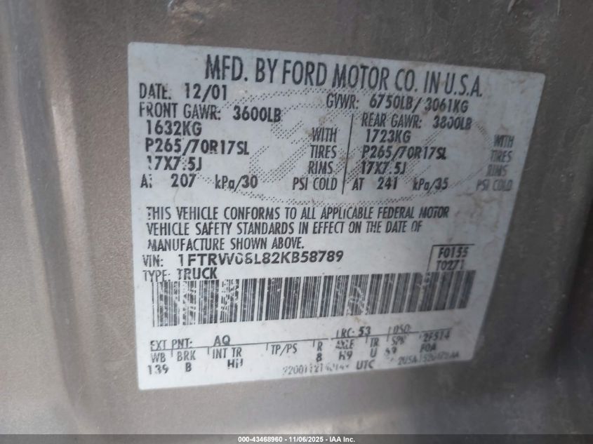 2002 Ford F-150 Lariat/Xlt VIN: 1FTRW08L82KB58789 Lot: 43468960