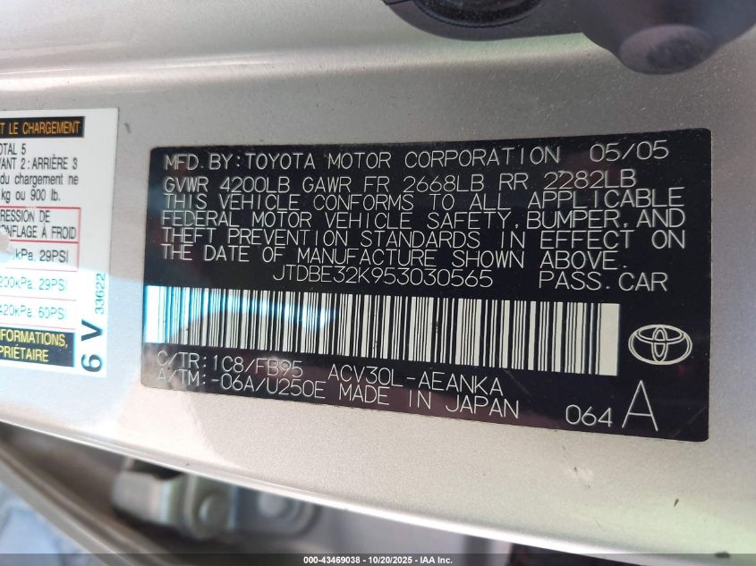 2005 Toyota Camry Std VIN: JTDBE32K953030565 Lot: 43469038