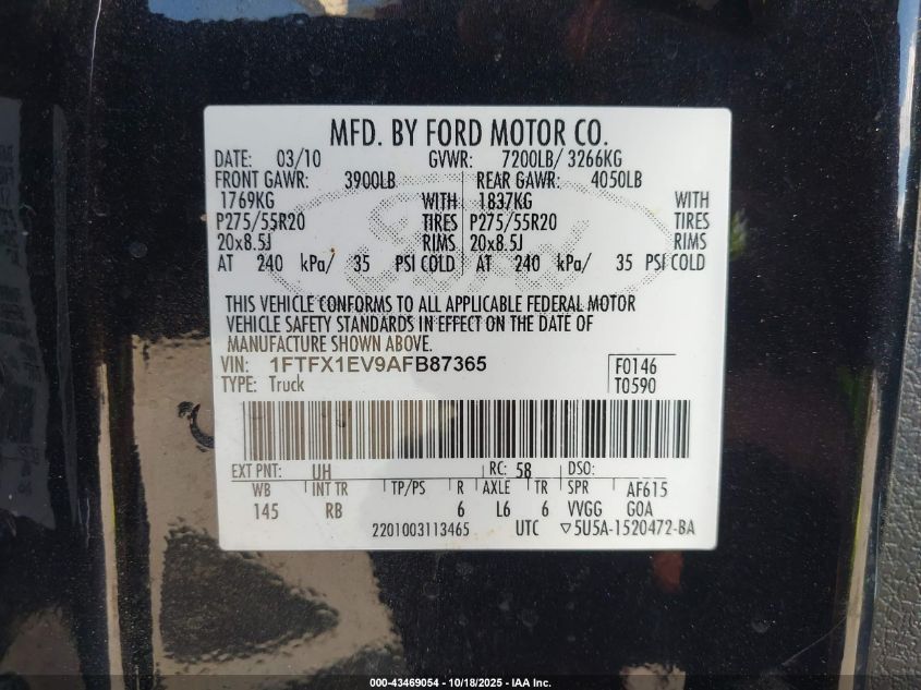 2010 Ford F-150 Fx4/Lariat/Xl/Xlt VIN: 1FTFX1EV9AFB87365 Lot: 43469054