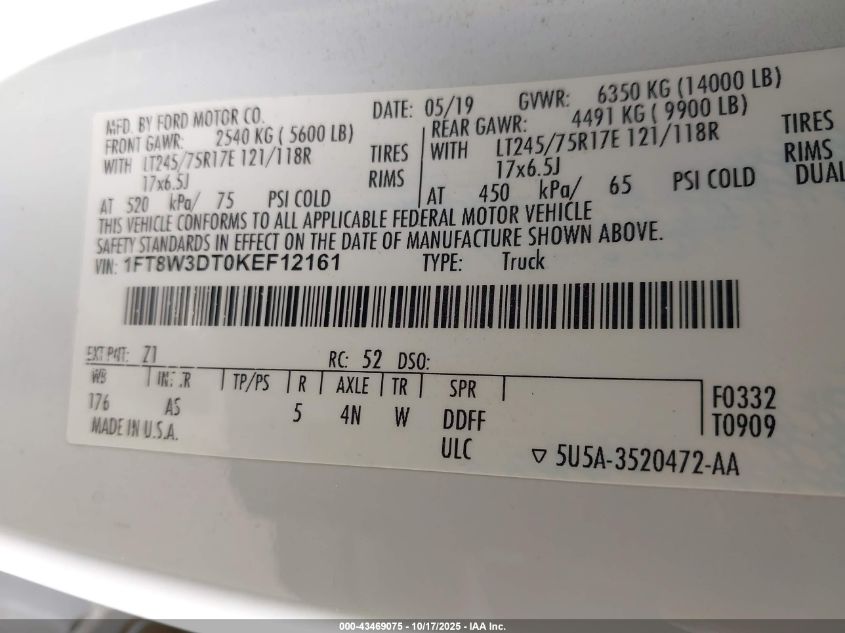 2019 Ford F-350 Xl VIN: 1FT8W3DT0KEF12161 Lot: 43469075