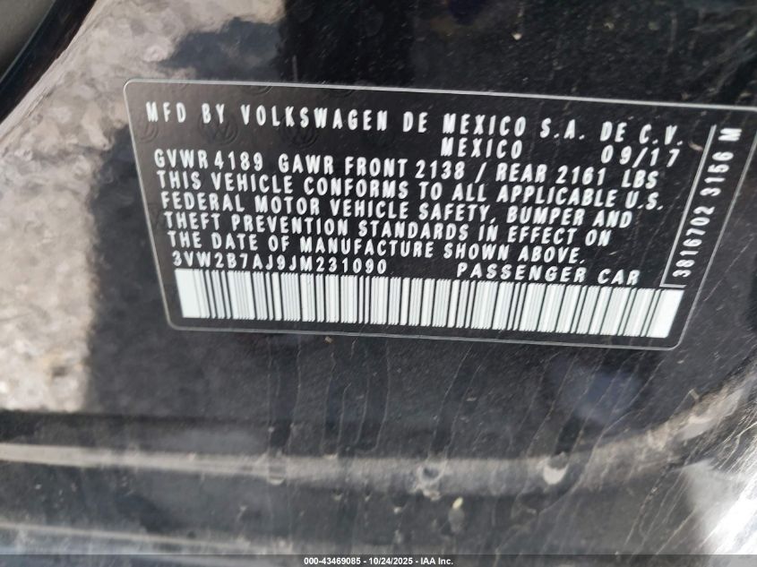 2018 Volkswagen Jetta 1.4T S VIN: 3VW2B7AJ9JM231090 Lot: 43469085