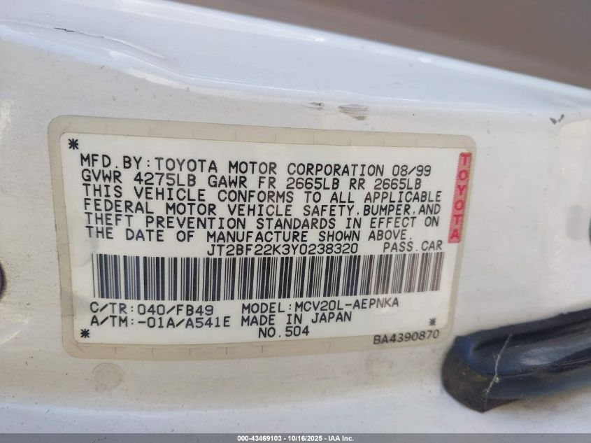2000 Toyota Camry Le V6 VIN: JT2BF22K3Y0238320 Lot: 43469103