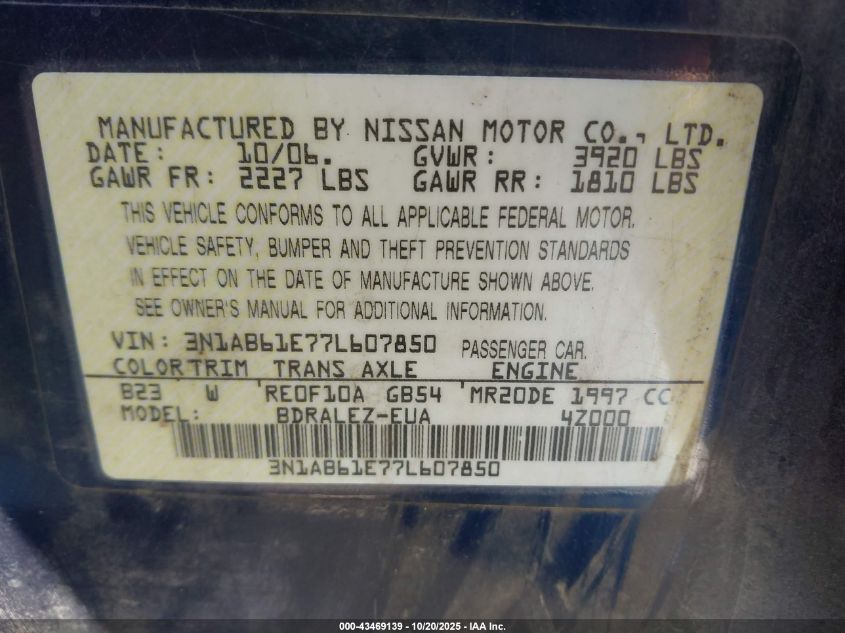 2007 Nissan Sentra 2.0S VIN: 3N1AB61E77L607850 Lot: 43469139