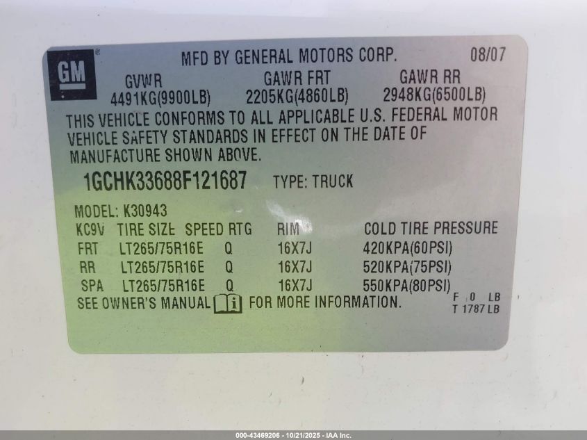 2008 Chevrolet Silverado 3500Hd Lt1 VIN: 1GCHK33688F121687 Lot: 43469206