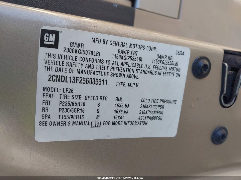 2005 Chevrolet Equinox Ls VIN: 2CNDL13F256035311 Lot: 43469211