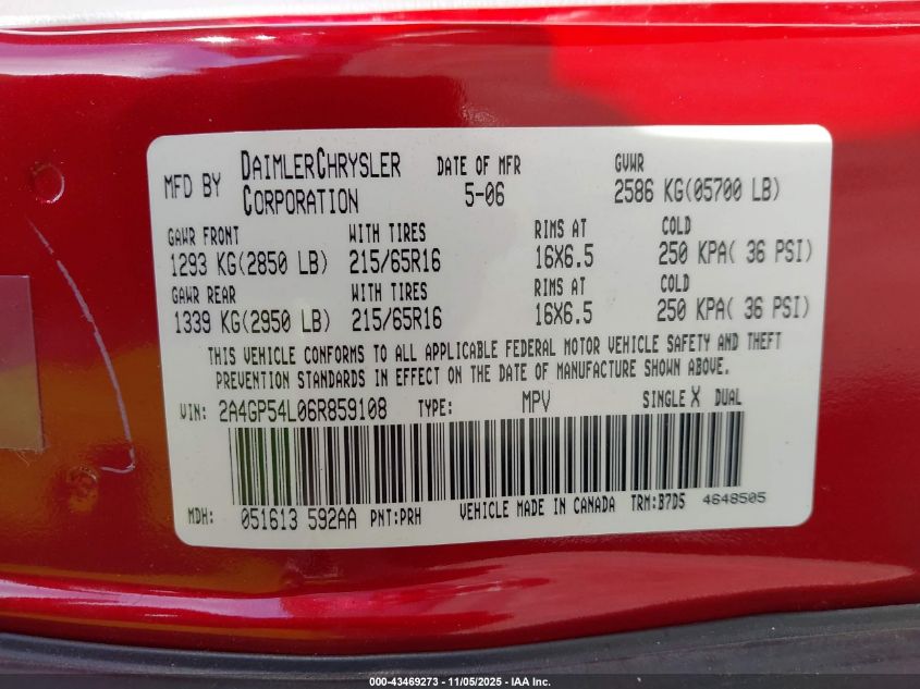 2006 Chrysler Town & Country Touring VIN: 2A4GP54L06R859108 Lot: 43469273