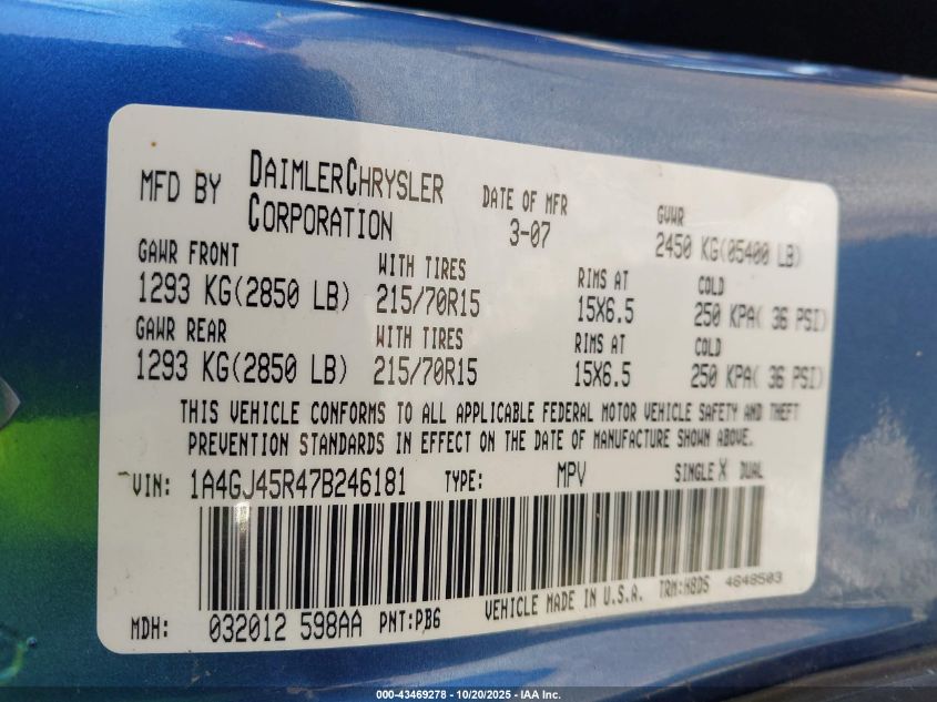 2007 Chrysler Town & Country VIN: 1A4GJ45R47B246181 Lot: 43469278