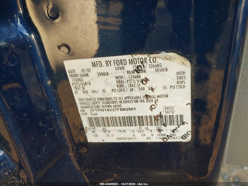 2007 Ford F-150 Fx4/Lariat/Xlt VIN: 1FTPW14V27FB82901 Lot: 43469283