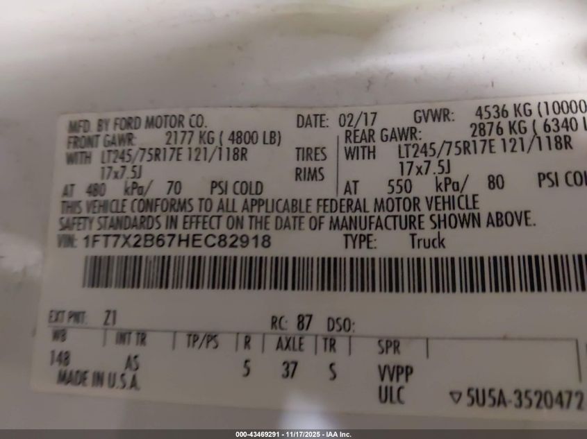 2017 Ford F-250 Xl VIN: 1FT7X2B67HEC82918 Lot: 43469291