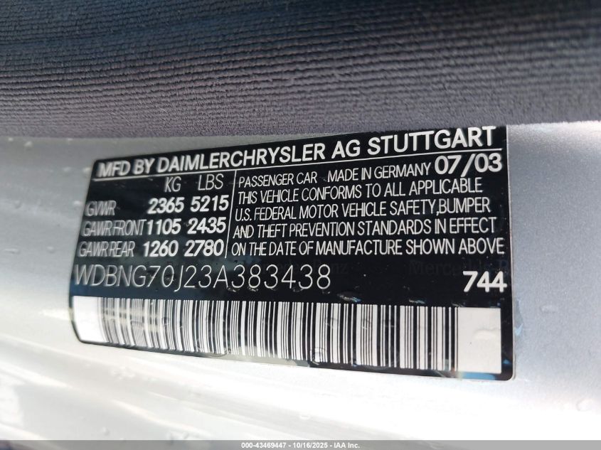 2003 Mercedes-Benz S 430 VIN: WDBNG70J23A383438 Lot: 43469447