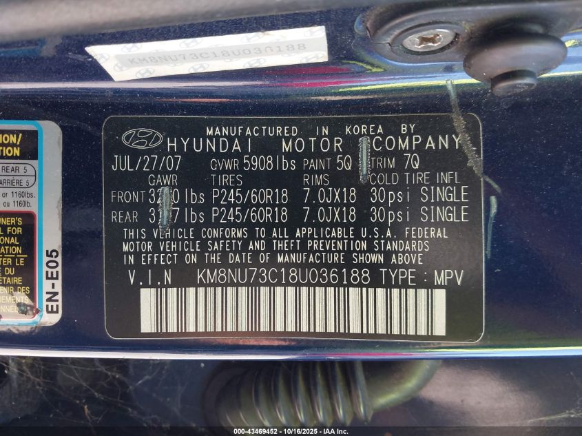 2008 Hyundai Veracruz Gls/Limited/Se VIN: KM8NU73C18U036188 Lot: 43469452