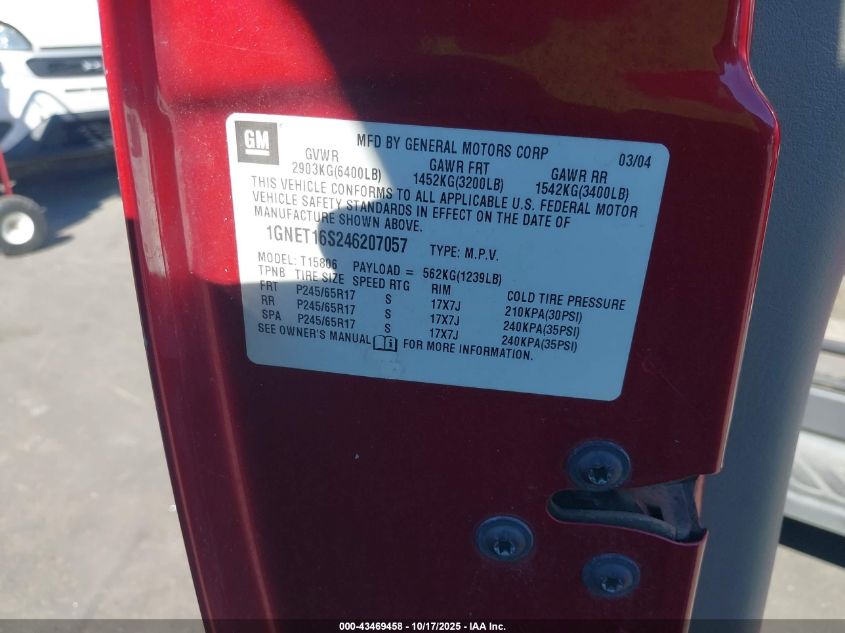 2004 Chevrolet Trailblazer Ext Lt VIN: 1GNET16S246207057 Lot: 43469458