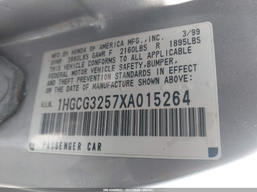 1999 Honda Accord Ex VIN: 1HGCG3257XA015264 Lot: 43469523