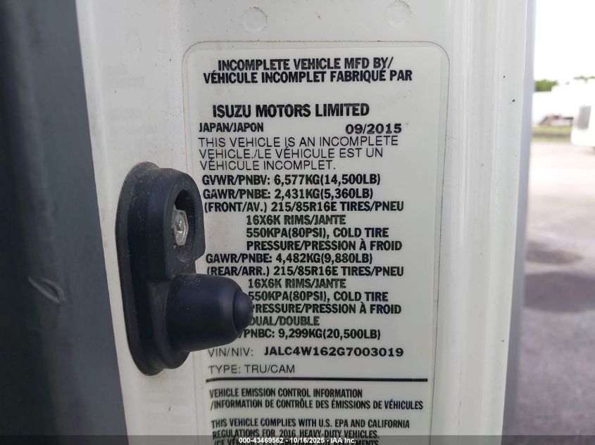 2016 Isuzu Npr Dsl Reg At VIN: JALC4W162G7003019 Lot: 43469562
