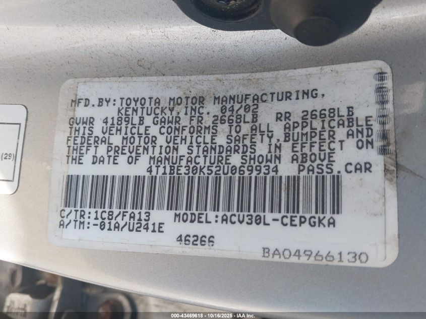 2002 Toyota Camry Xle VIN: 4T1BE30K52U069934 Lot: 43469618