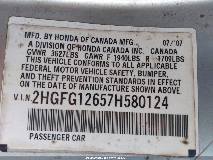2007 Honda Civic Lx VIN: 2HGFG12657H580124 Lot: 43469628